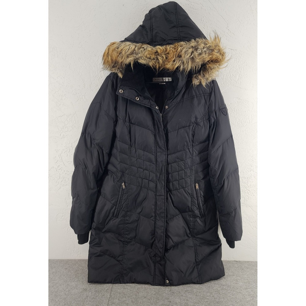 Larry Levine Black Faux Fur Hood Down Puffer Parka Coat Womens Large